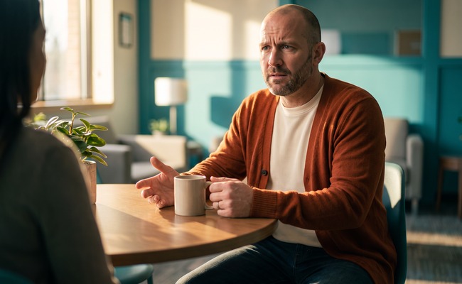 Person discussing payment options with a support person at a community table.