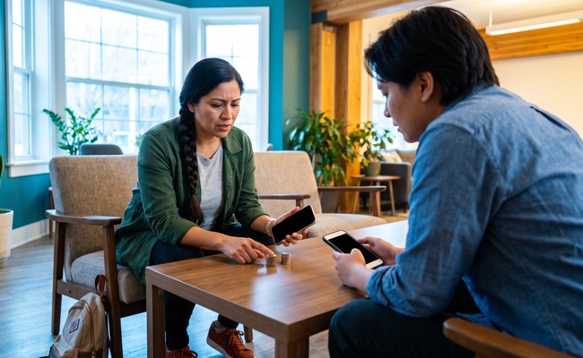 Two people discussing a return and payment problem at a shared table.