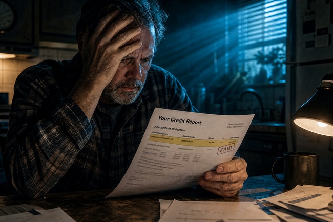 Frustrated man discovering a paid collection still showing on his credit report