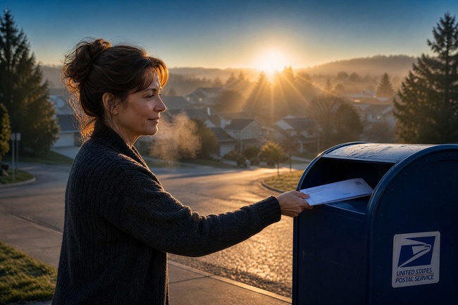 Hopeful woman mailing her pay for delete letter at a mailbox at sunrise