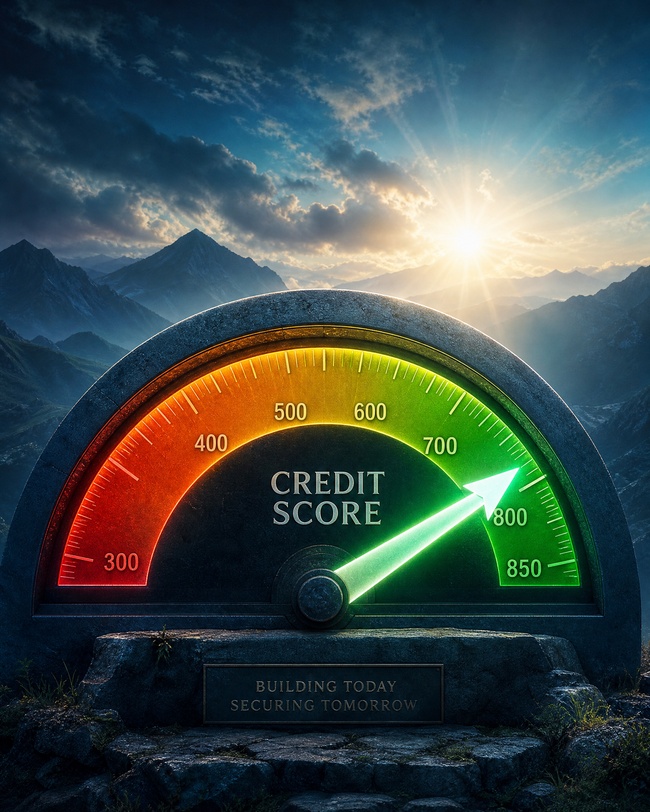 Credit score meter showing improvement over time