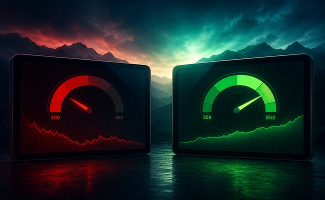 Before and after comparison showing credit score dropping then recovering after debt settlement