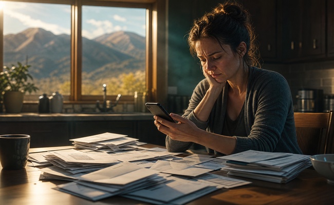 Julianne looking stressed while reviewing bills to consider credit card hardship programs