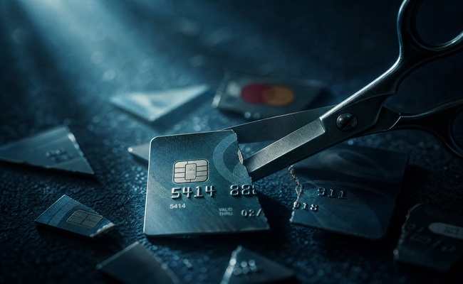 A pair of scissors cutting a credit card in half to signify closing accounts during a debt management plan enrollment.