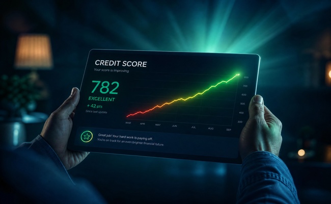 A rising credit score graph on a tablet screen representing recovery after consistent debt management plan payments.