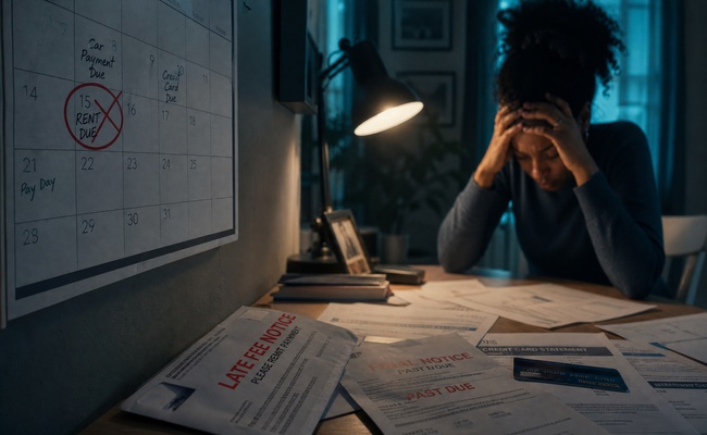Calendar showing missed credit card due date and late fees