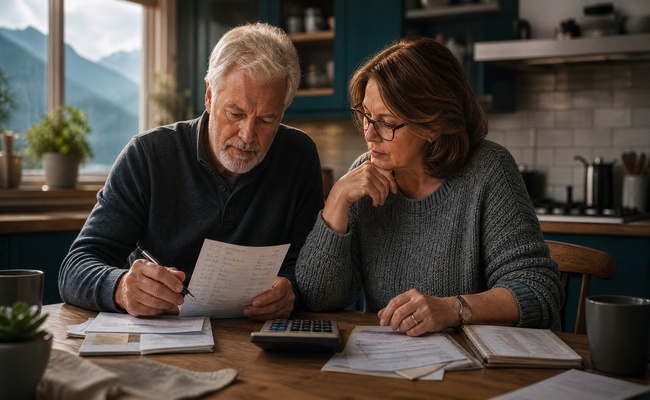Older couple sitting together at kitchen table reviewing their monthly budget with concern
