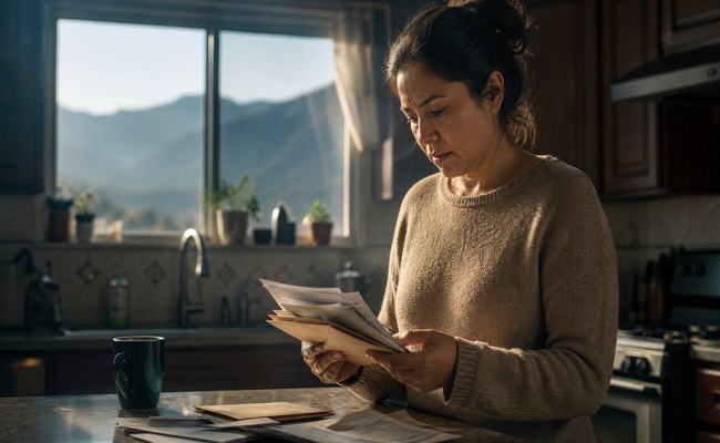 Elena staring at a pile of collection letters on her kitchen counter with a worried expression