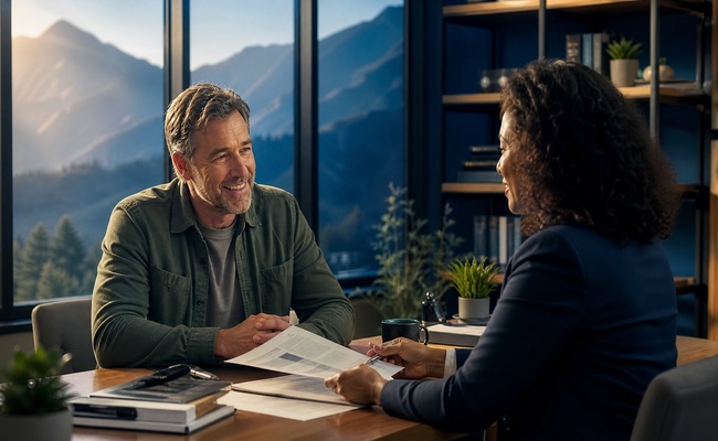 Man consulting with a credit counselor about bankruptcy and debt settlement options