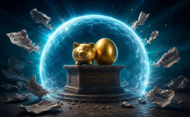 Conceptual image of a protective shield surrounding a retirement nest egg with creditor documents bouncing off