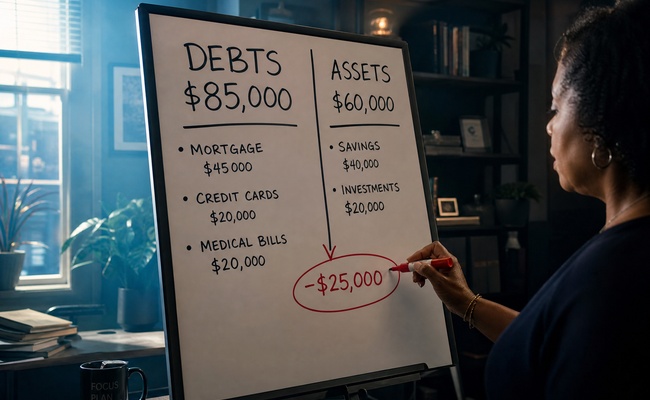 Split-screen visual showing a balance sheet with liabilities column clearly exceeding the assets column
