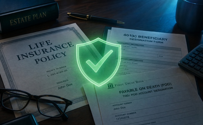 Close-up of beneficiary designation forms for life insurance and retirement accounts with a protective shield symbol