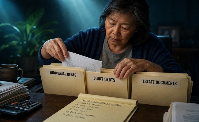 Organized desk with labeled folders for individual debts, joint debts, and estate documents with a checklist