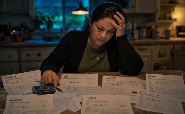 Woman sitting at a kitchen table surrounded by multiple credit card statements looking overwhelmed but determined