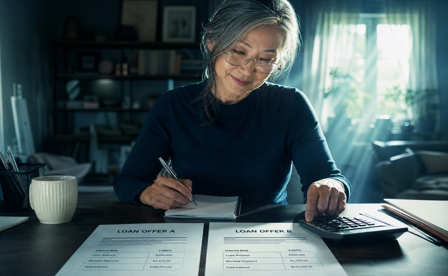 Older woman using a calculator and notepad to compare loan offers with a satisfied expression at her results