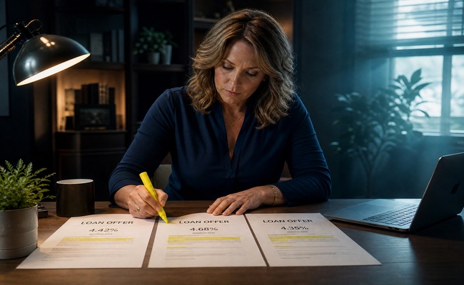 Woman at a desk with three different loan offer letters spread out comparing interest rates and terms