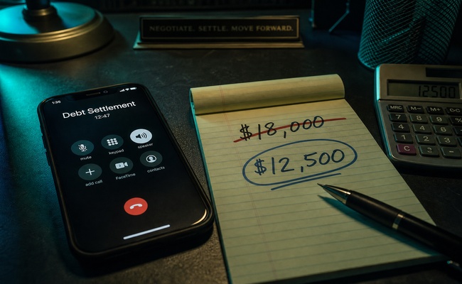 Phone showing a negotiation call in progress with a notepad showing settlement offer numbers and a calculator nearby