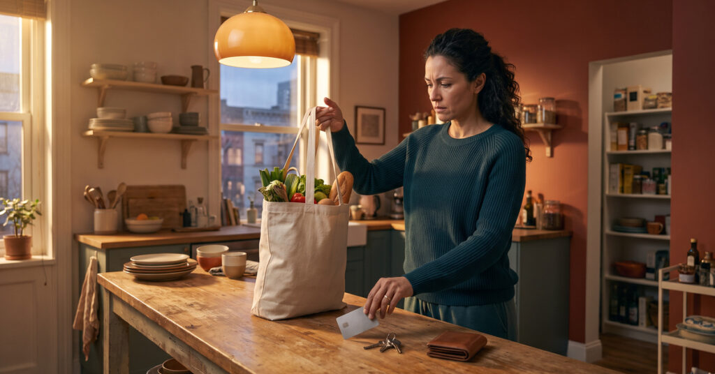 A woman confronting the credit card minimum payment trap pauses beside groceries, household keys, and a blank payment card.