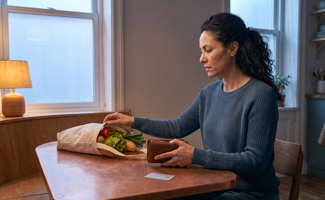 Woman closing a wallet and setting aside a blank payment card beside groceries.