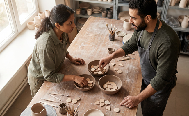 Two adults sorting unmarked wooden tokens among three unlabeled ceramic bowls.