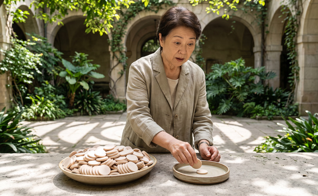 Older woman separating one wooden disk from a much larger group on a stone table.