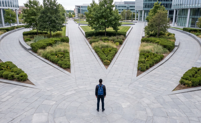 Man choosing among four unlabeled walkways in an open civic plaza.