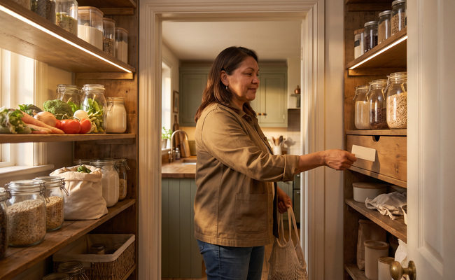 Woman putting groceries on pantry shelves and closing a drawer holding a blank payment card.