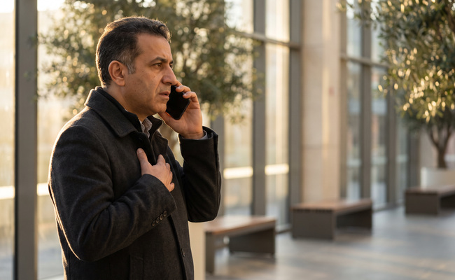 Man making a focused phone call beside tall windows in a quiet public atrium.