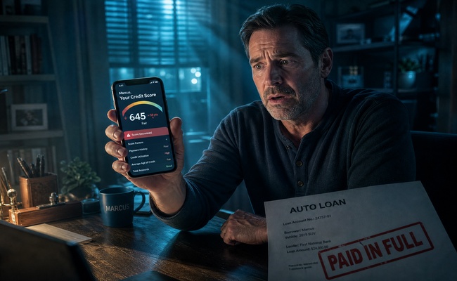 Man in his late 40s looking at his phone with a surprised expression after checking his credit score