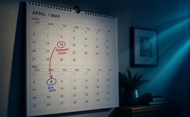 Calendar page with a statement closing date circled and an arrow showing when the balance gets reported to bureaus