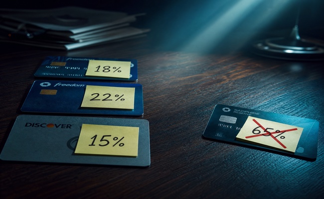 Three credit cards fanned out on a desk each showing a low balance percentage compared to one card showing high utilization