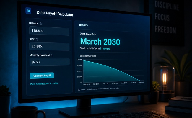 Computer screen showing an online calculator with fields for balance and interest rate and a projected payoff date displayed