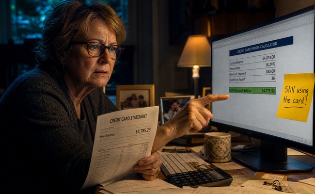 Woman looking confused at a calculator result that does not match her actual account balance because of continued spending
