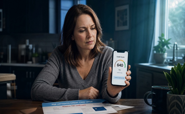 Person looking at a credit score report showing a number below the threshold needed for the best promotional card offers