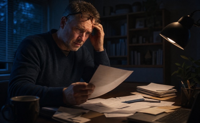 Man in his 50s looking worried while reviewing medical bills at his desk