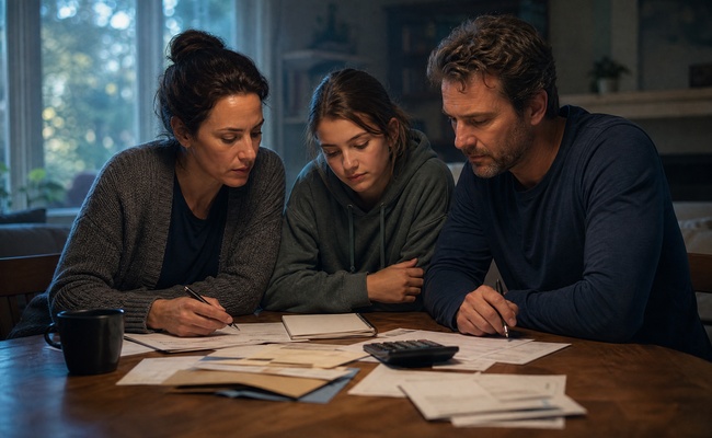 Family of three sitting together discussing their financial plan with documents on table