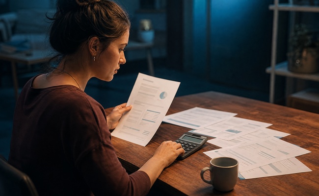 Young woman using calculator to compare interest rates on multiple credit card statements