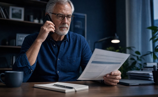 Older man on the phone negotiating a medical bill payment plan at his home office desk