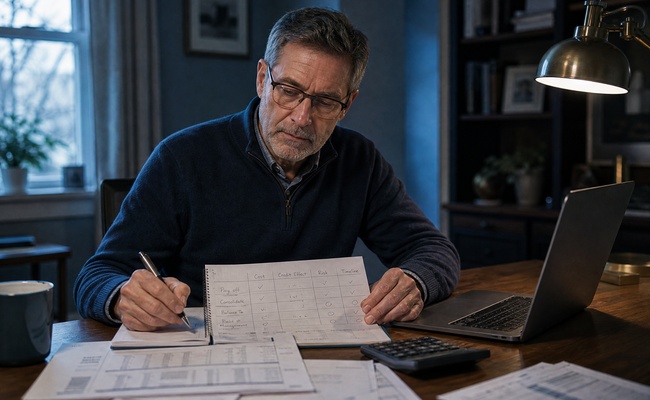 Person organizing a handwritten comparison worksheet for debt programs beside statements and a laptop