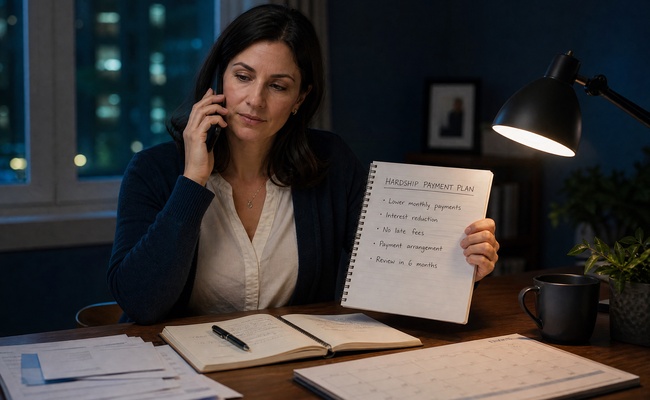 Woman in her 30s calling a creditor with a written hardship plan and account notes at home