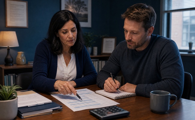 Credit counselor and adult client reviewing a structured debt management plan across a small office table