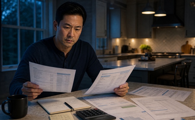 Man in his 40s comparing loan rates, transfer fees, and repayment terms on printed documents