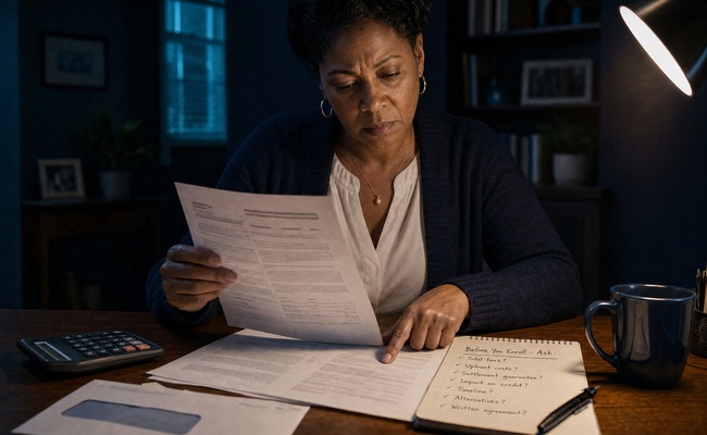 Woman examining a debt settlement contract and warning notes beside an unopened envelope at her desk