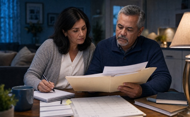 Couple in their 50s reviewing bankruptcy information and questions with a folder at a home table