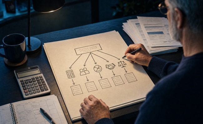 Person building a handwritten debt relief decision tree with arrows, criteria, and a calculator on a desk