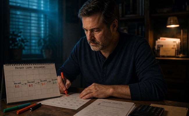 Person marking repeated payday loan fees and rollover dates on a paper calendar beside a calculator