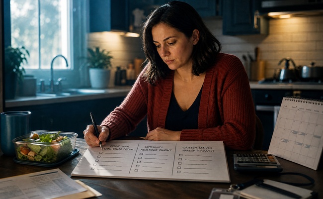 Adult borrower comparing cash flow, community assistance, and lower cost borrowing alternatives on a worksheet