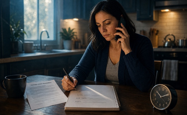 Woman in her 40s speaking with a lender while recording payment terms and fees in a notebook