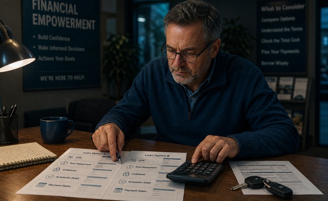 Man comparing small dollar loan APR, total cost, automatic debit terms, and payment dates on printed forms