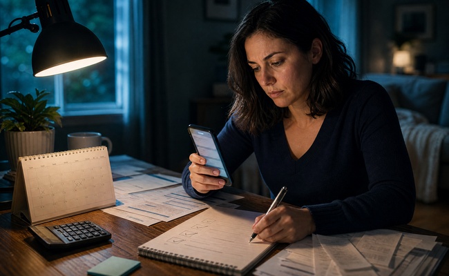 Adult borrower reviewing a bank debit alert beside a written response plan and account records